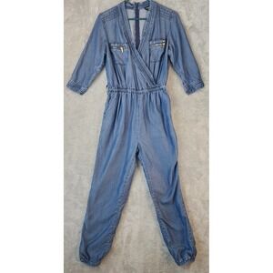 Bebe Jumpsuit Womens Small Blue Lyocell Surplice Zip Pocket Jogger Denim Look